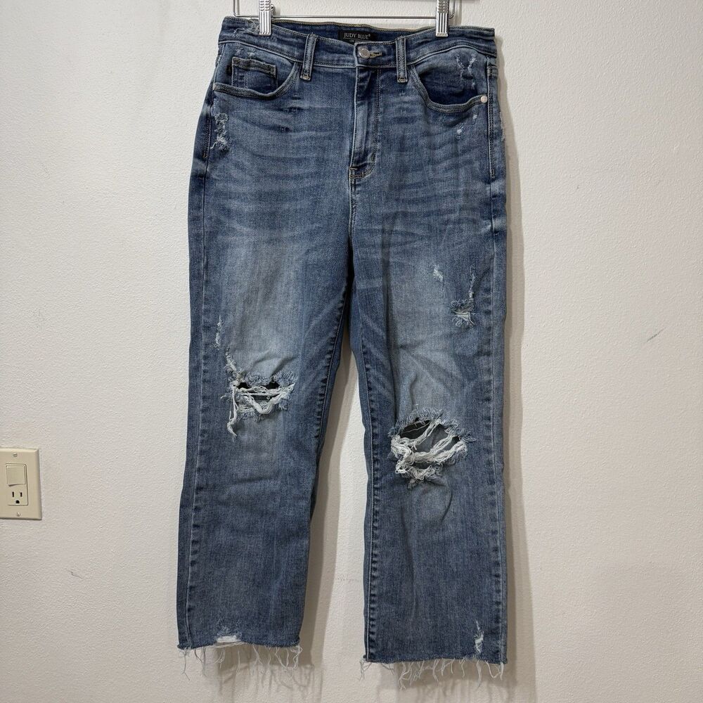 Judy Blue Women’s Wide Leg Crop Distressed Stretch Blue Denim Jeans 11 / 30